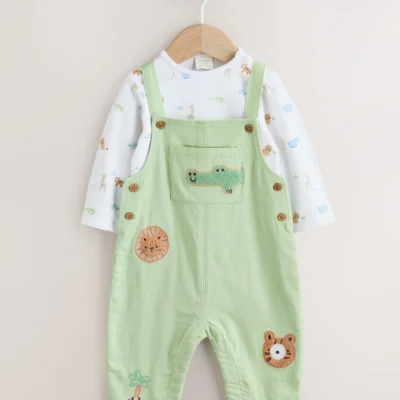 Green Safari Animal Baby Twill Dungarees and Bodysuit Set (0mths-2yrs)