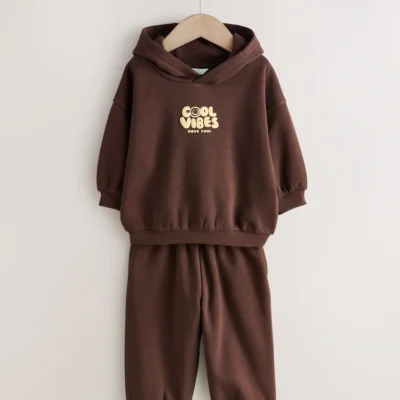 Chocolate Brown Cool Vibes Printed Hoodie and Joggers Set (3mths-7yrs)