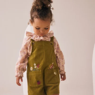 green floral print corduroy dungarees blouse and tights set