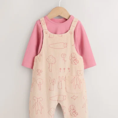 cream / pink character baby dungaree and bodysuit two piece set (0mths 3yrs)