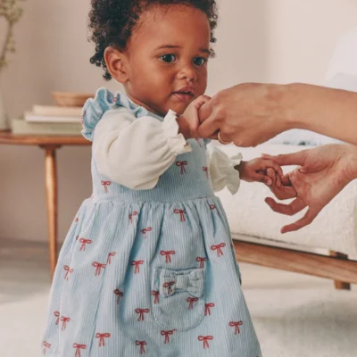 blue bow baby cord pinafore long sleeve bodysuit & tights set (0mths 2yrs)