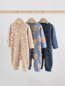 brown/navy 3 pack baby two way zip footless cotton sleepsuits (0mths 3yrs)
