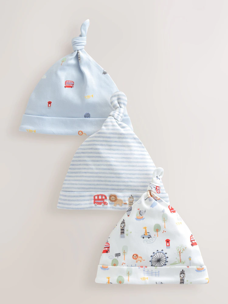 blue london tie top baby hats 3 pack (0 18mths) blue london tie top baby hats 3 pack (0 18mths)