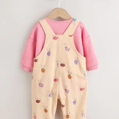cream/pink rabbit baby dungaree and bodysuit two piece set (0mths 3yrs)
