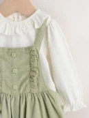 sage green embroidered long sleeve bodysuit and cord dungaree 2 piece