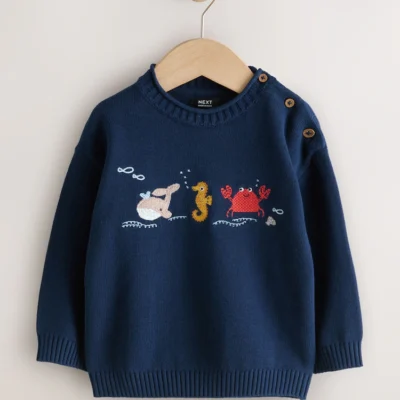 navy blue sealife character knitted crew neck jumper (3mths 7yrs)