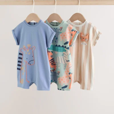 blue safari jersey baby rompers 3 pack