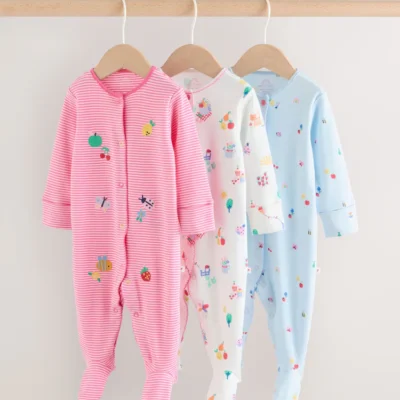 pink/white/blue fruit baby sleepsuits 3 pack (0mths 2yrs)