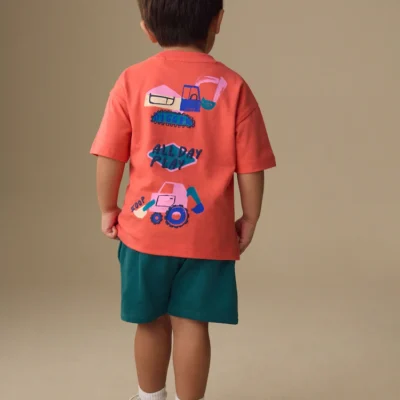 coral pink digger short sleeve back print t shirt and shorts set (3mths 7yrs)