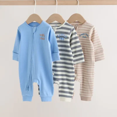 blue stripe two way zip baby sleepsuits 3 pack (0mths 3yrs)