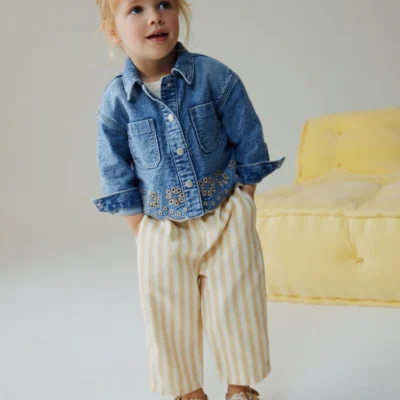 Mid Blue Denim Jacket and Striped Pants Set (3M.-7y.)