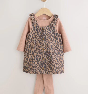 leopard print pinafore long sleeve bodysuit & tights 3 piece set (0mths 2yrs)