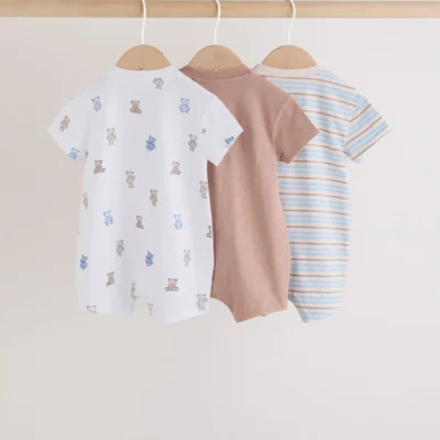 blue/brown bear jersey baby rompers 3 pack