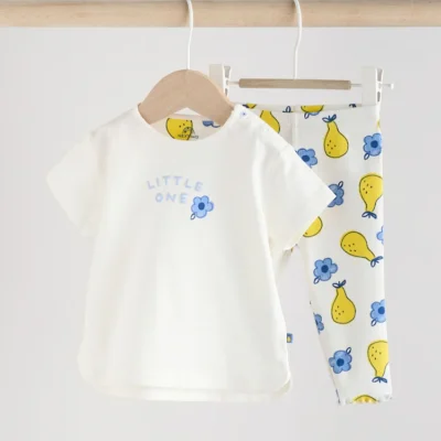 white/ blue/ yellow fruit baby short sleeve top and leggings set immediate