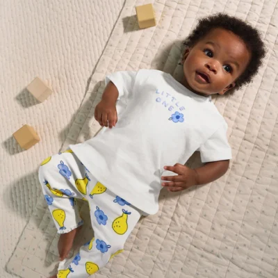 white/ blue/ yellow fruit baby short sleeve top and leggings set immediate