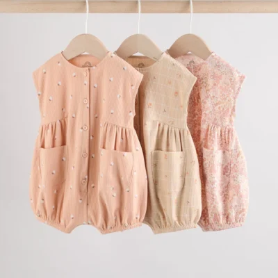 caramel and ecru floral button through 3 pack baby rompers immediate