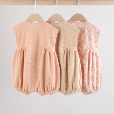 caramel and ecru floral button through 3 pack baby rompers immediate