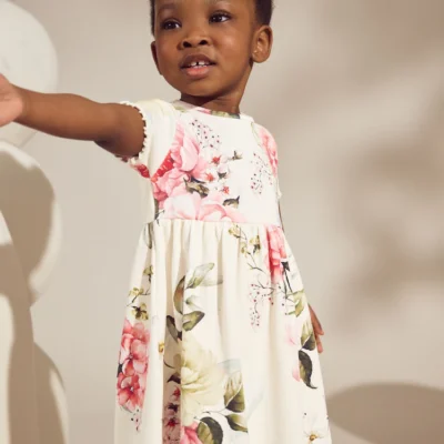 cream floral short sleeve rib summer dress (3mths 7yrs)