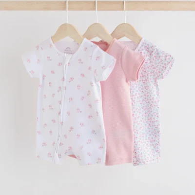pink 3 pack two way zip baby rompers (0mths 3yrs) immediate
