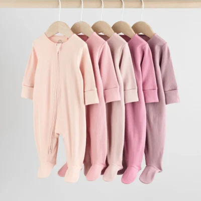 pink 5 pack two way zip baby sleepsuits (0 2yrs)