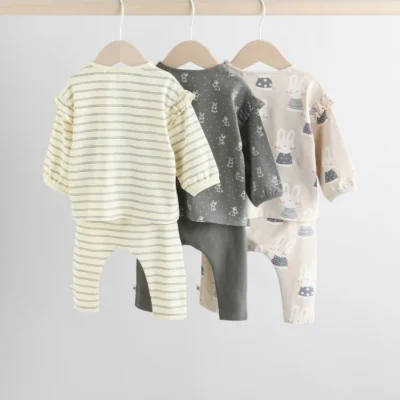 grey/cream character long sleeve top and leggings set 6 piece