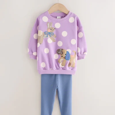 purple polka dot dogs sweatshirt & leggings set (3mths 7yrs)