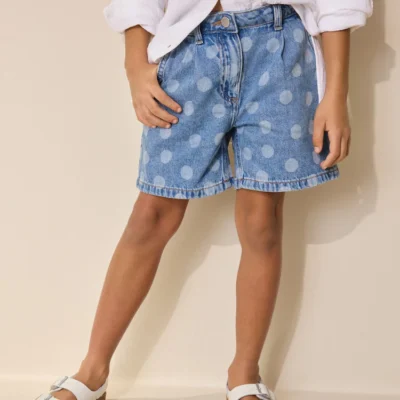 mid blue spot print relaxed denim pleated shorts (3 16yrs)