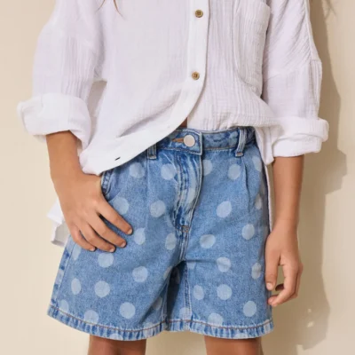 mid blue spot print relaxed denim pleated shorts (3 16yrs)