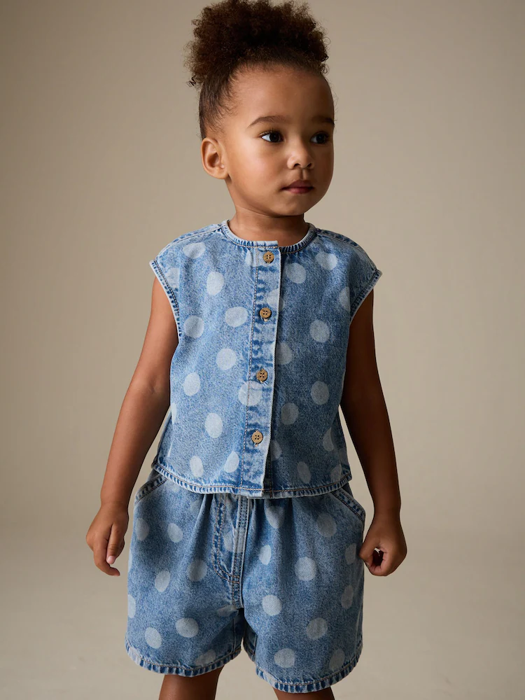 mid blue denim polka dot waistcoat and shorts set (3mths 7yrs) mid blue denim polka dot waistcoat and shorts set (3mths 7yrs)