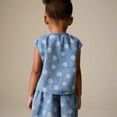 mid blue denim polka dot waistcoat and shorts set (3mths 7yrs)