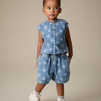 mid blue denim polka dot waistcoat and shorts set (3mths 7yrs)