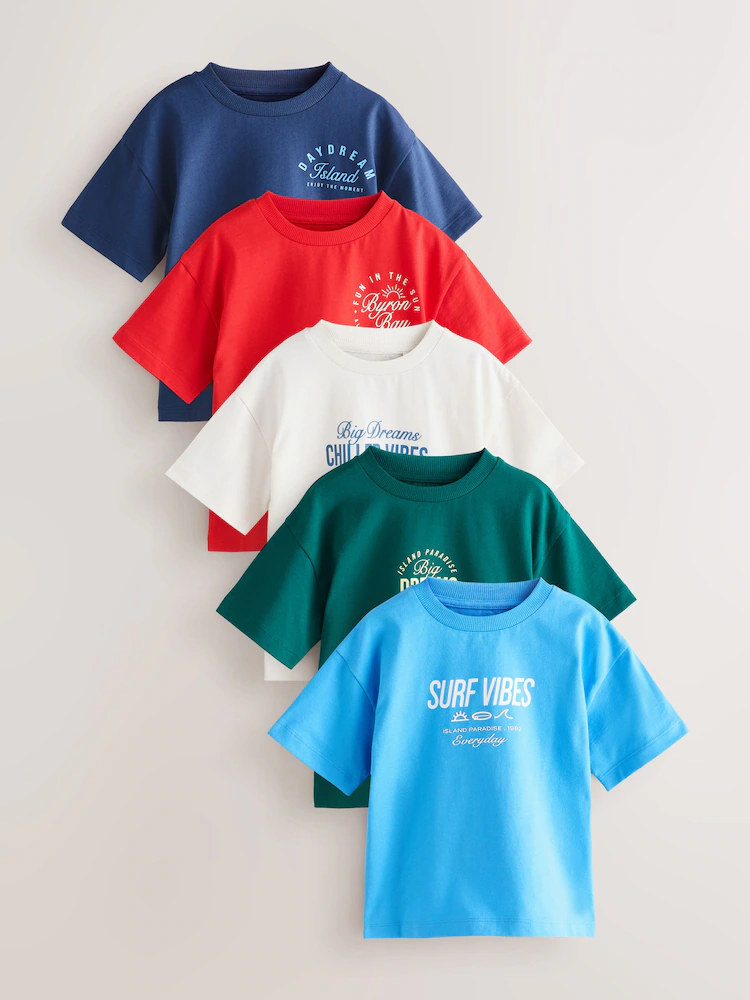 blue/navy/green/red/white small short sleeve graphic t shirts 5 pack (3mths 7yrs)