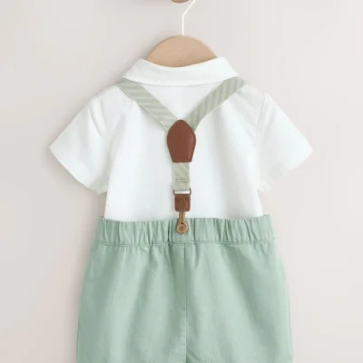 sage green shirt body shorts and braces baby set 3 piece (0mths 2yrs)