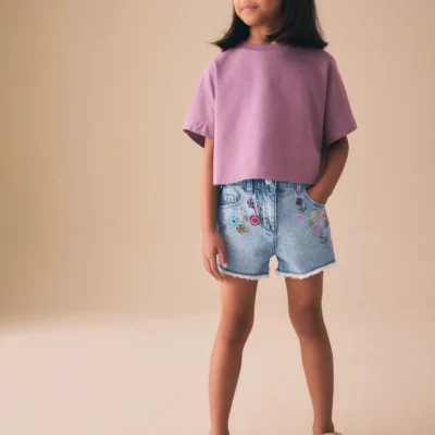 mid blue embroidered flowers regular length frayed edge denim (3 16yrs)