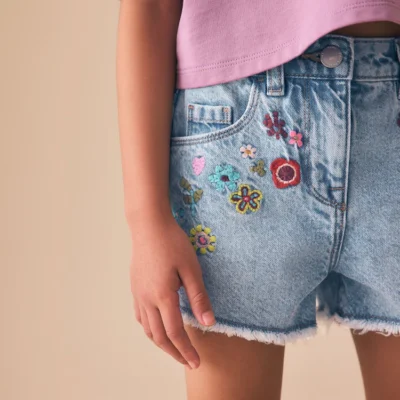 mid blue embroidered flowers regular length frayed edge denim (3 16yrs)