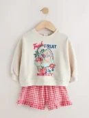 cream gingham fruit market crew neck sweatshirt & shorts set (3mths 7yrs)
