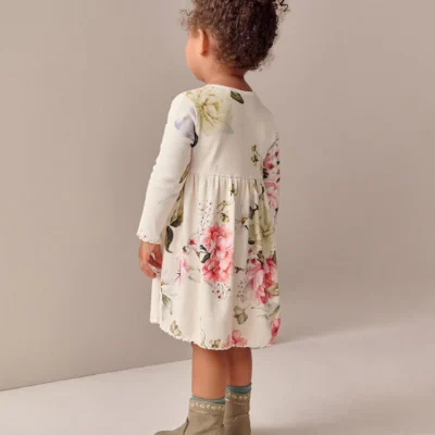 cream floral long sleeve ribbed dress (3mths 7yrs)