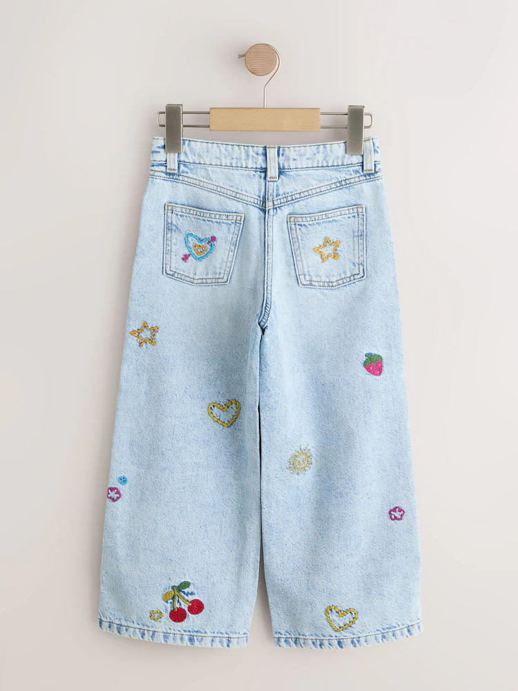 light blue denim embroidered wide leg jeans (3 16yrs) light blue denim embroidered wide leg jeans (3 16yrs)