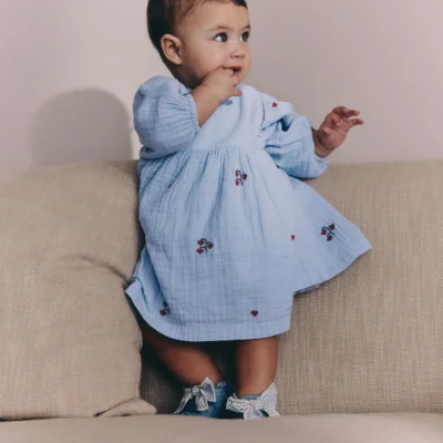 blue/red baby long sleeve embroidered dress (0mths 2yrs)