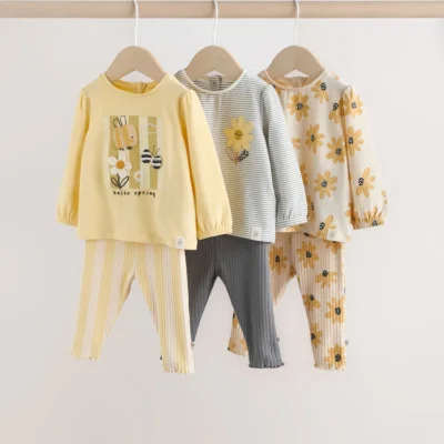 yellow flower/ stripe long sleeve top and leggings set 6 piece