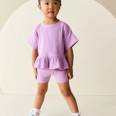 lilac purple short sleeve ribbed top and shorts set (3mths 7yrs)