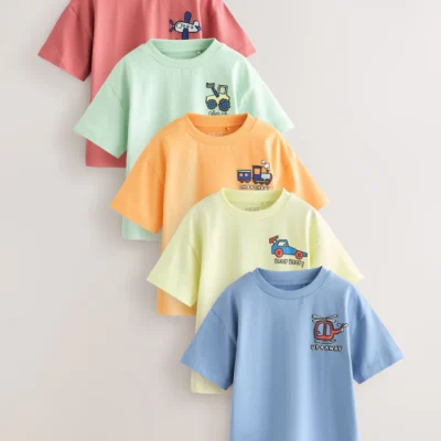 blue/green/red/orange/yellow cars small short sleeve graphic t shirts 5 pack (3mths 7yrs)