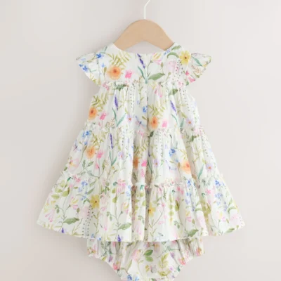 white floral baby tiered woven dress and knickers set 2 piece (0mths 2yrs)