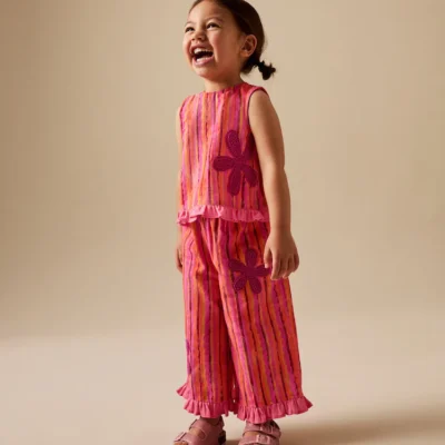 pink/ orange stripe / crochet flowers top & trousers set (3mths 7yrs)