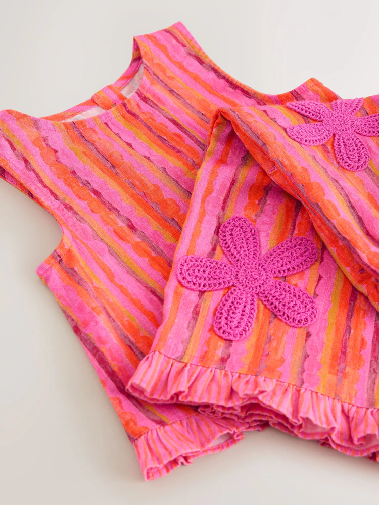 pink/ orange stripe / crochet flowers top & trousers set (3mths 7yrs) pink/ orange stripe / crochet flowers top & trousers set (3mths 7yrs)