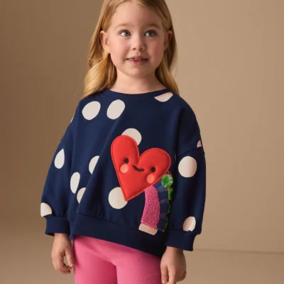 navy blue polka dot heart crew neck sweatshirt & shorts set (3mths 7yrs)