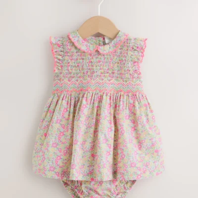 pink floral woven baby dress and knickers set 2 piece (0mths 2yrs)