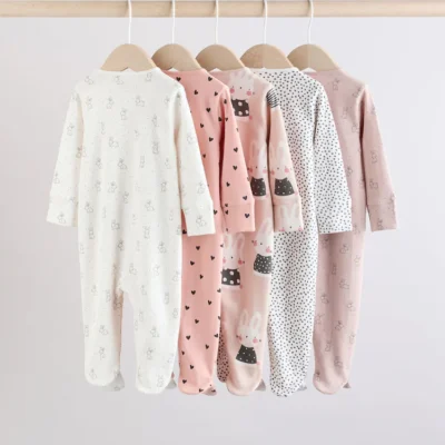 brown/cream 5 pack two way zip baby sleepsuits (0mths 2yrs)