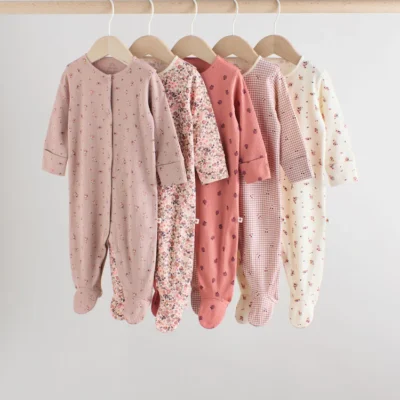 pink/rust ditsy floral 5 pack baby sleepsuits (0 2yrs)