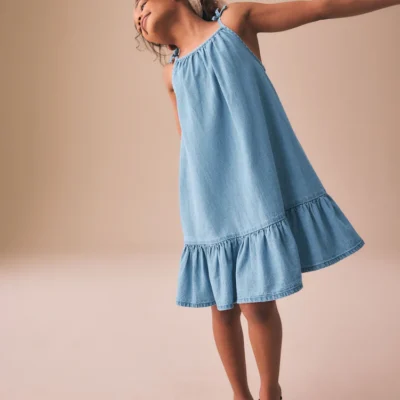 blue denim angel sleeve dress (3 16yrs)